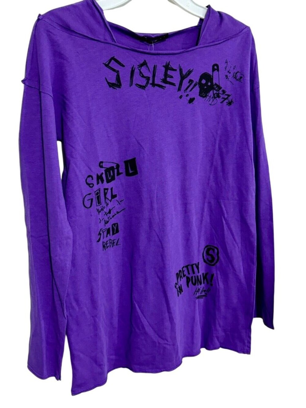 Sisley Purple Long Sleeve Graphic Tee With Punk-Inspired Text & Skull Design Siz